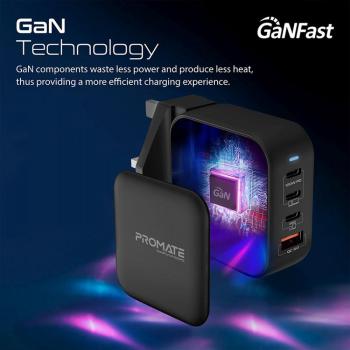Promate GaNPort4-100PD Cargador Ultra-Compacto 100W USB-A/USB-C Negro
