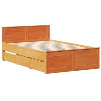 Cama solar sin colchón con cabecera de cera marrón 135x190 cm, Madera Maciza, color Marrón