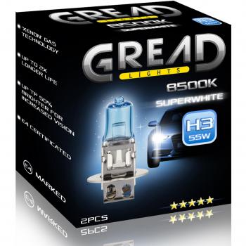 Gread - 2x Lámparas halógenas H3, faros, bombillas, luces automóviles - Extra blancas - 8500k 55W Certificación ECE - Óptica xenón