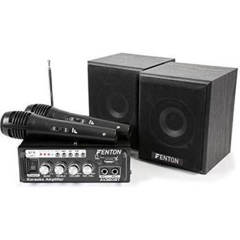 Fenton AV380BT Juego de Karaoke Plug & Play con 2 micrófonos, Juego de Altavoces y un Amplificador de 2 x 40w con Bluetooth y Reproductor de MP3 con Lector USB y SD