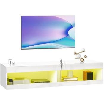 Mueble de TV Suspendido Homcom con Luces LED y Control Remoto, Compartimentos y Pasacables, para Televisores de 55-60 Pulgadas, 140x40x30 cm, Blanco Brillo