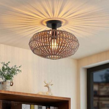 Plafoniera Lindby Majeora, Bambú Marrón Oscuro, Dimmable, E27, Escandinava