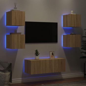Muebles TV pared con LED 6 piezas madera ingeniería roble Sonoma marrón