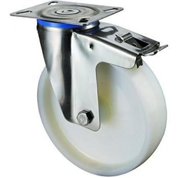 Ruedecilla de transporte con freno 125 mm, capacidad 150 kg, acero inoxidable y base de montaje de plástico