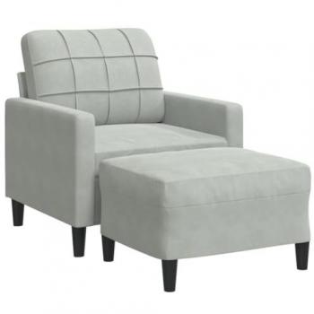 Sillón con taburete de terciopelo gris claro 60 cm, sofá individual, sillón bañera, sillón club, sofá confort, sillón de TV, sofá de relax
