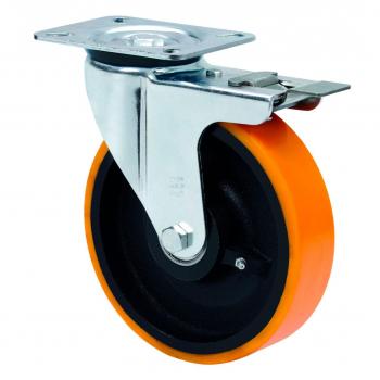 Rueda Giratoria Alex Serie ZVR-HU con Platina y Freno, 4mm, 10ZVRFD150-HUB, Hierro, Poliuretano Naranja, Eje de Bolas