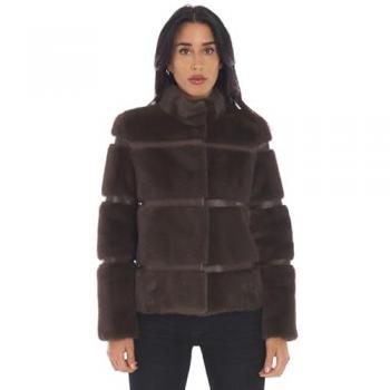 Short Faux Fur Twinset Jacket with Leather Inserts, Coffee Brown, Size 44