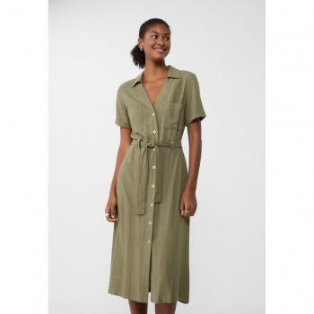 Khaki Linen Blend Midi Shirt Dress S