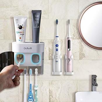 BesLife 2 dispensador automático de Pasta de Dientes montado en la Pared, Vienen con 2 Soportes eléctricos para Cepillo de Dientes, con Cubierta a Prueba de Polvo