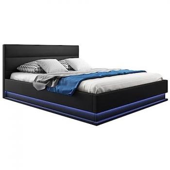 Cama de Matrimonio Canapé Nitas con Colchón 160x200 cm, Estructura de Madera y Polipiel, Luz LED Blanca, Color Negro