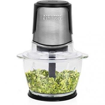 Princess 221051 Picadora eléctrica de alimentos, 2 cuchillas de acero inoxidable, Bol de cristal con indicador de nivel de 1 L, picadora de cocina para carne, verdura, fruta y hielo, 300 W
