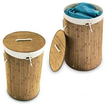 Cestos de Ropa Sucia Plegables de Bambú con Tapa, 70 L, Redondos, Marrón Natural (Pack de 2)