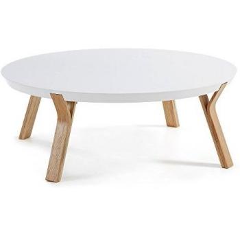 Kave Home - Mesa de Centro Dilos Blanca Redonda Ø 90 cm con Patas de Madera Maciza de Fresno