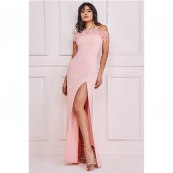Goddiva Feather Boobtube Maxi Dress - Blush