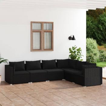 Conjunto de muebles de jardín 6 piezas con almohadas de polyrattan negro
