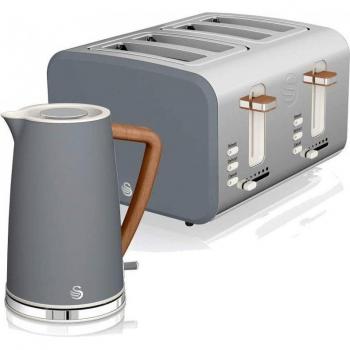 Swan Nordic Set Desayuno Hervidor de Agua Inalámbrico 1,7L 2200W y Tostadora Pan Ranura Ancha 4 Rebanadas con 3 Funciones, Diseño Modern