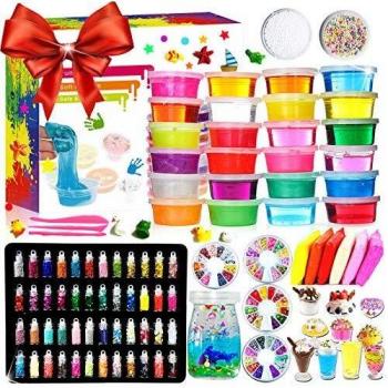 DIY Slime Kit - 24 Colores Kit de Slime Esponjoso con 48 brillantinas, Suministros de Slime Claro para niños, Incluye Arcilla Seca al Aire, rebanadas de Frutas y Herramientas