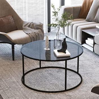Mesa de Centro Kolari Redonda de Metal y Vidrio Templado Ahumado Ø80x45 cm Negro/Transparente