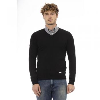 Baldinini Trend Black Wool Sweater - IT54 | XXL, V-neck Knitwear, male, Black, Size: 2XL Black V-Neck Ribbed Knit Sweater