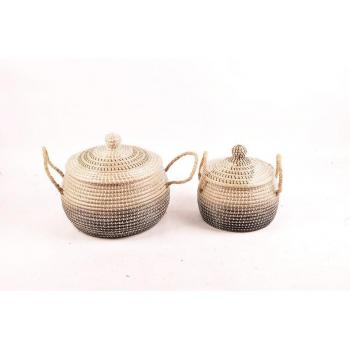 Conjunto de 2 cestas de hierba marina gris natural, estilo boho - Pack 2 unidades