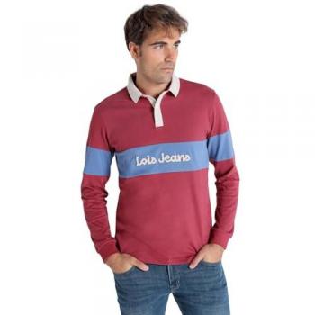 Polo de Manga Larga Casual Granate con Franja Bordado para Hombre Lois Jeans
