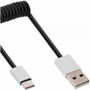 Cable USB 2.0 Espiral 0,5 m USB A a USB C Aluminio Negro Flexible