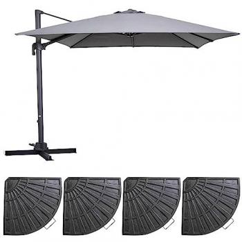 Parasol excéntrico cuadrado 3x3m rotativo a 360° con 4 losas de lastre de aluminio gris