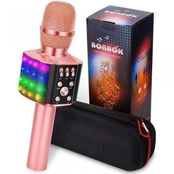 BONAOK Micrófono para Niños, Micrófono de Grabador Karaoke Bluetooth, Micrófono de karaoke 3 en 1 con Luces, Máquina karaoke para Fiestas en Casa de Regalo de Cumpleaños para iPhone/Android