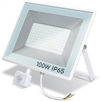 Aigostar Foco LED 100W con Sensor de Movimiento PIR, 10000LM Super Brillo, IP65 Impermeable, Luz Fría 6400K para Jardín, Patio y Garaje