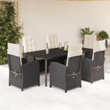 7-Piece Black Poly Rattan Garden Dining Set with Cushions