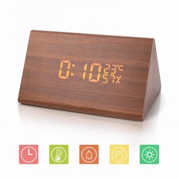 JoyShop Reloj Despertador Reloj Digital de Madera Triángulo LED Reloj de Escritorio de Alarma de Madera con Fecha y Temperatura Control táctil por Voz para niños Hogar Dormitorios Oficina