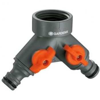 Distribuidor doble para grifos de 21mm (1/2), 26,5mm (3/4) y 33,3mm (1) en blister Gardena