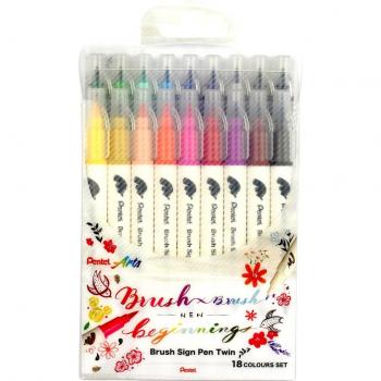Pentel Brush Sing Pen Twin Pack de 18 rotuladores con doble punta flexible - punta ancha 1-4mm, punta fina 0,2-2mm - colores surtidos