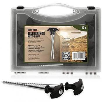 com-four® 12x piquetas para Carpa de Acero - piquetas robustas con Rosca en el Estuche para Acampar y al Aire Libre - Ideal para terrenos Normales y Duros