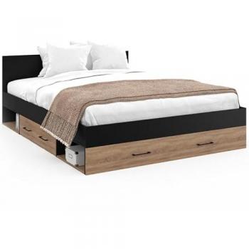 Cama doble Minea 140x190 cm con cajones, nichos de almacenaje y somier de haya efecto madera