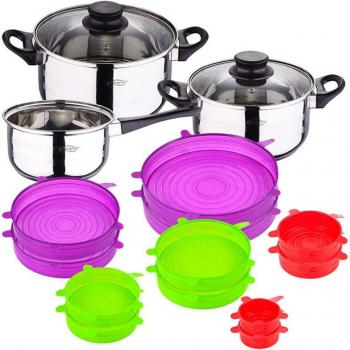 Batería de Cocina San Ignacio de Acero Inoxidable de 5 Piezas con Fondo de Inducción y Mango Ergonómico + Set de 12 Tapas de Silicona de Diferentes Medidas y Colores
