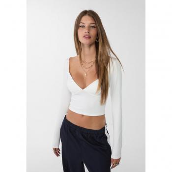 Stradivarius White Polyamide V-Neck T-Shirt XL