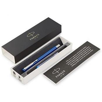 PARKER Vector pluma estilográfica, color azul con adorno cromado, plumín fino, tinta azul, en estuche de regalo