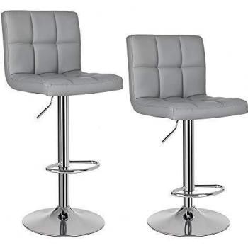 SONGMICS Juego de 2 Taburetes de Bar, con Respaldo Regulable en Altura, Giratorio, Cromado, Cuero Sintético, Gris LJB64G