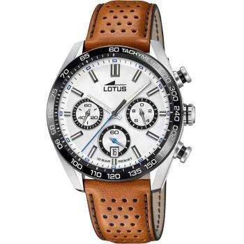 Reloj Lotus Chrono 18915/1 para Hombre con Esfera Plateada, Caja de Acero Inoxidable 316L y Correa de Piel Marrón