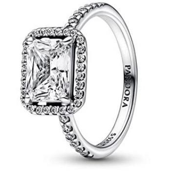 Anillo Halo Rectangular Brillante de Plata de Ley con Circonitas Cúbicas - Talla 58