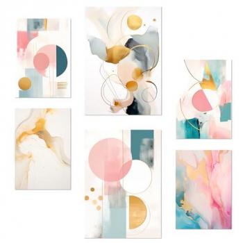 Set de 6 Pósters Abstractos Lila, Fucsia, Dorado y Verde para Decoración de Paredes - Tamaño A3 y A4 Sin Marco