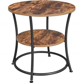 Mesa auxiliar redonda Vasagle, doble estante, fácil montaje, estilo rústico marrón, estructura metálica para salón, diámetro 55 cm