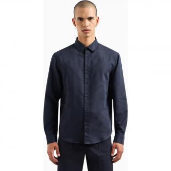 Camisa Casual Azul de Algodón Regular Fit con Estampado de Etiquetas 'CAMO' - Hombre - Talla S