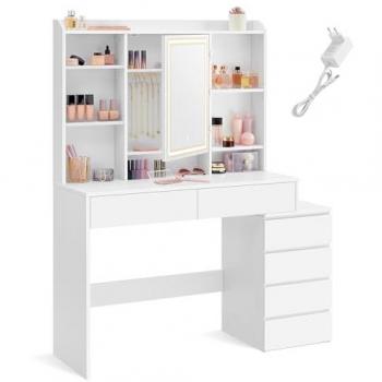 Tocador moderno con luces LED ajustables, mesa de maquillaje con espejo, compartimentos y estantes ajustables, blanco nube