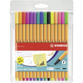 STABILO Point 88 Fineliner Set - 15 Assorted Colors Including 5 Neon Colors