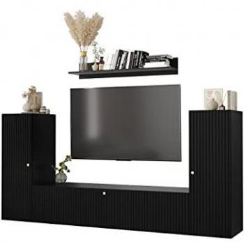 Conjunto de salón Hartford H109, Muebles ES, Aglomerado laminado y MDF, dimensiones 218 x 40 cm, color negro, incluye mesa de TV y partes separadas