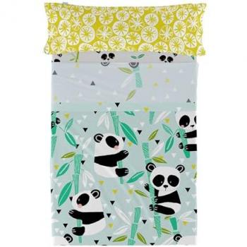 Juego de Sábanas Panda Jardín Azul Happyfriday 2 Piezas | 100% Algodón | Calidad 150 TC | Tamaño 160x270 cm (Cama 80/90)