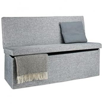 Baúl Almacenamiento Plegable con Respaldo, Puff Asiento Imbottido de Lino, 73x114x38 cm, Gris - Relaxdays