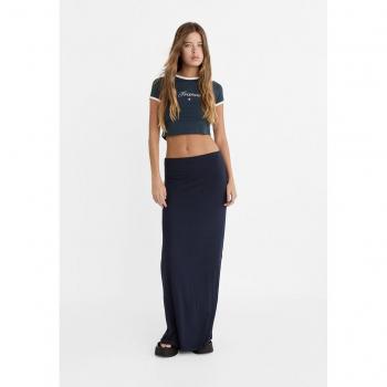 Navy Blue Long Skirt with Slit - Size L